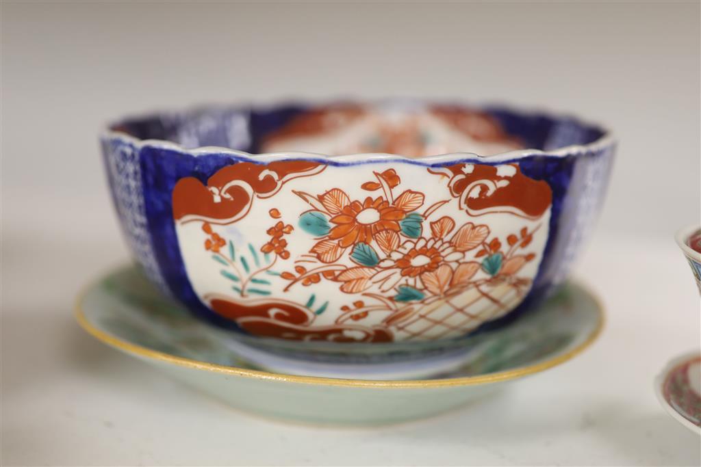 A group of Chinese and Japanese porcelain cups, bowl etc, Chinese dish 19.5cm diameter